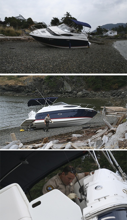 Top and middle: The stolen boat on the shore. Above: Deputy Doug Maya dusting for fingerprints.