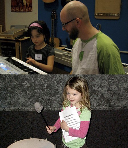 Top: Alana Lago gets a few keybord tips from Al Bentley. Above: Hazel Moe has the beat.