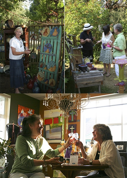 Top left and right: Shoppers at Crow Valley's Pottery Fest opening. Above: Wine tasters at Aesthetica's Friday night Orcas Alchemy cocktail hour.