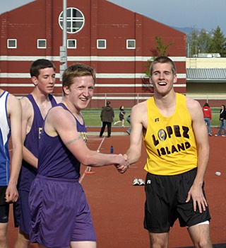 Otto Schmidt of Friday Harbor and king of the short race was beaten by Sebastian Lasbo of Lopez Island in the 800M at this week's track meet in Mt. Vernon