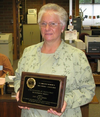 San Juan County Treasurer Jan Sears is the recipient of the Washington Municipal Treasurers’ Association Certification of Excellence for Investment Policy.