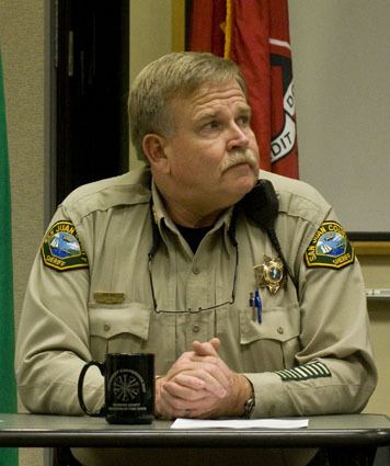 Sheriff Rob Nou at a recent town hall meeting on Orcas.