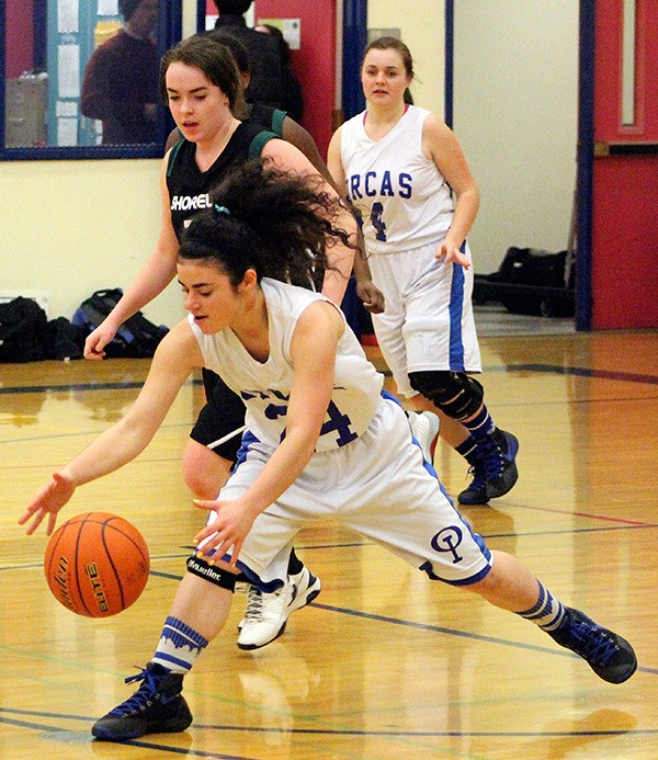 Far left: Vikings Lilly Miller (front) and Emma Minnis during the game against Shoreline Christian.