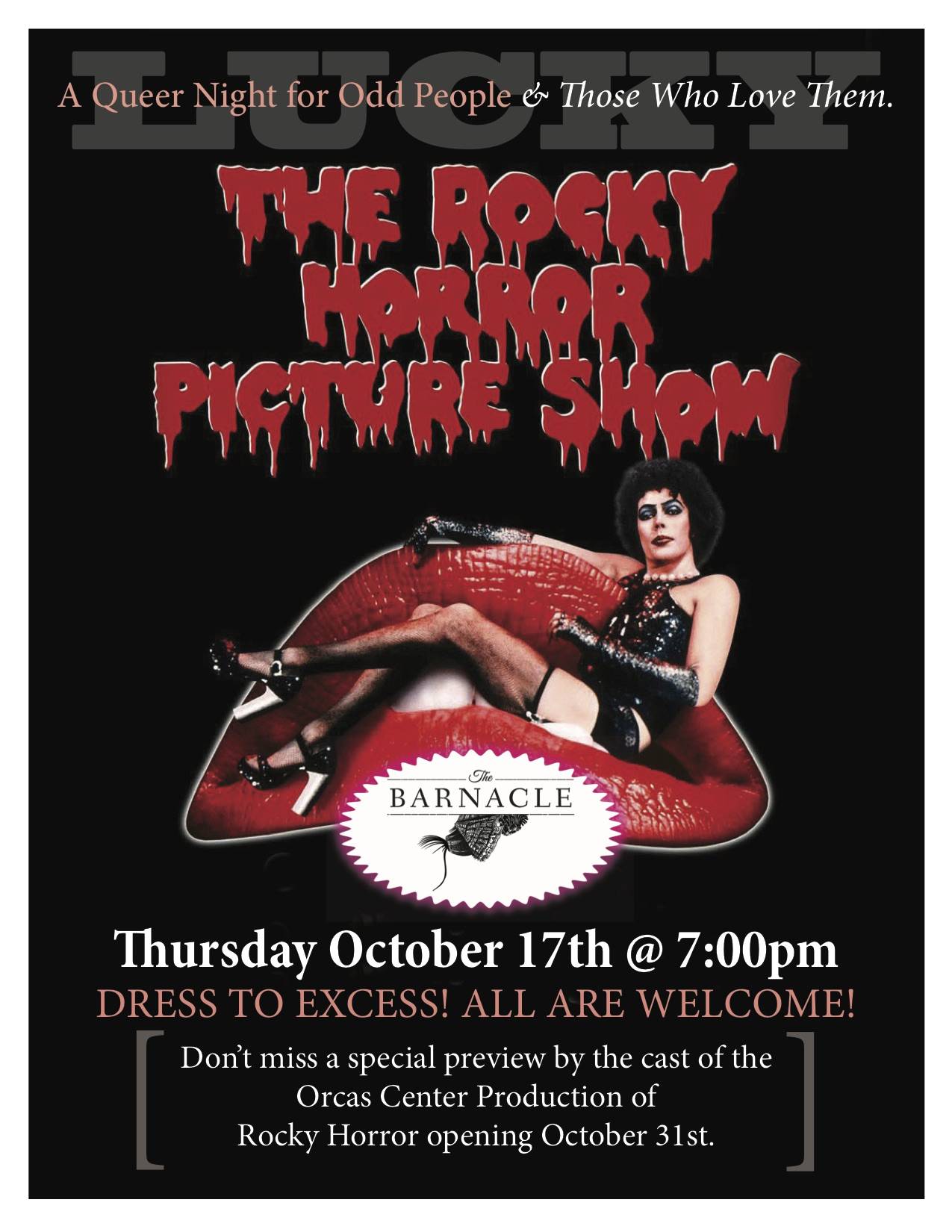 Monthly pride night at the barnacle is Rocky Horror themed