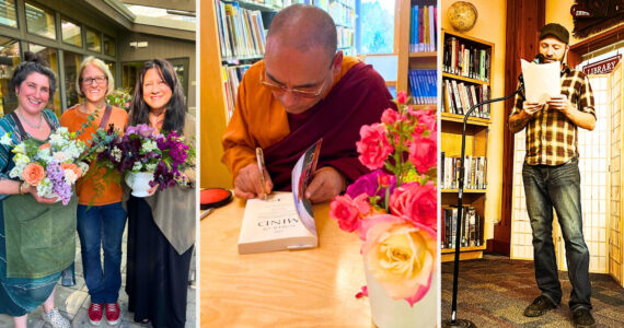 Left to right: Mother’s Day floral workshop, The Power of the Mind Tibetan Monk’s Guide and Island Voices.