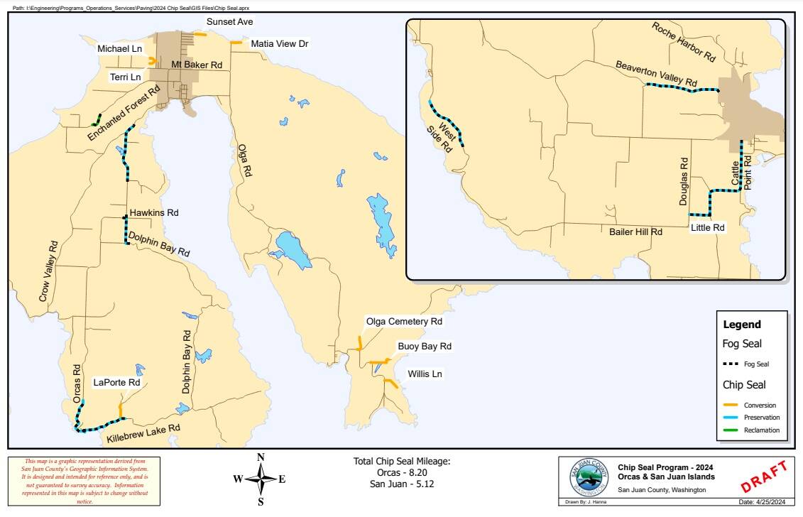 2024 Chip Seal Road Map for Orcas and San Juan Islands. Submitted photo.