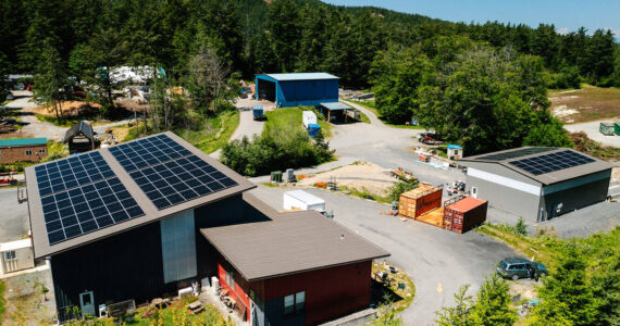 The Exchange (left) and baler building (right) have solar panels that will provide 94,000 kWh annually.