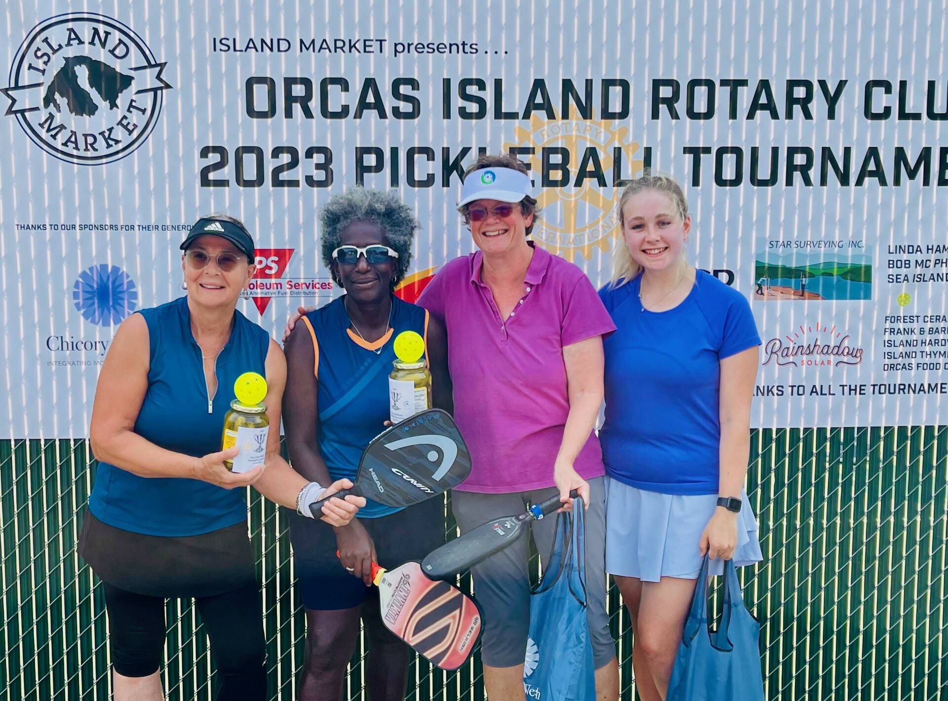 Contributed photo
The 2023 women’s doubles gold medal winners Donna Laslo and Rosedanie Cadet hold their pickle-jar trophies; mother and daughter team Barb Skotte and Monica Connell with their silver medal gift bags.