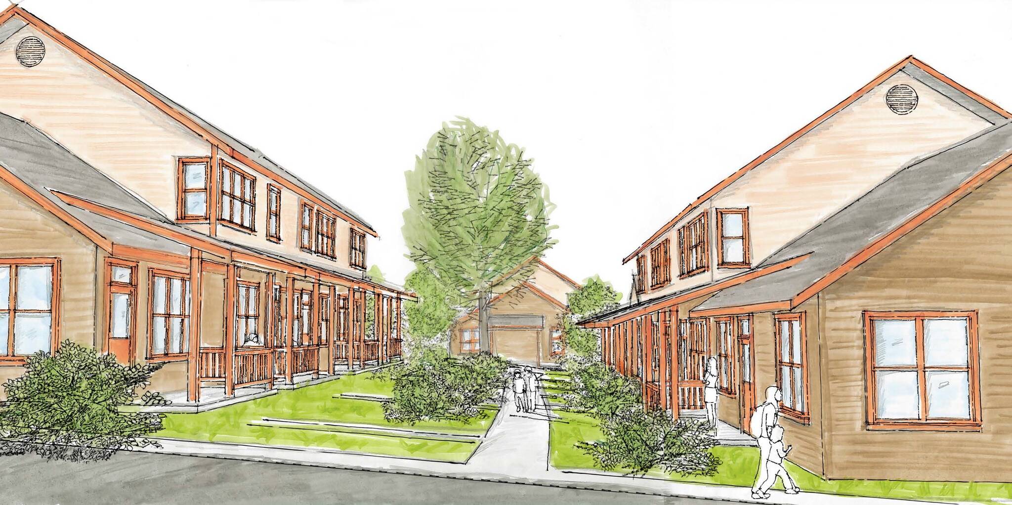 Architect’s rendering of the townhomes at April’s Grove (2018) — a similar design will be constructed at Pea Patch Lane.