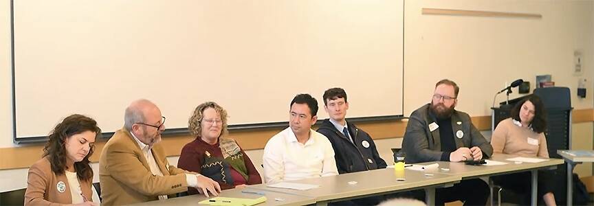 Contributed photo by Jeff Noedel and San Juans Today
Panelists from left: San Juan County Council Chair Jane Fuller, MM&P Vice President Daniel Twohig, Island County Commissioner Janet St. Clair, State Rep. Clyde Shavers (Whidbey Island), State Rep. Greg Nance (Bainbridge Island), State Senator Marko Llias (Edmonds-Mukilteo), and State Representative Emily Alvarado (West Seattle-Vashon).