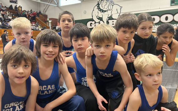 Orcas wrestlers at the WWKWL Mount Vernon Pitbull Classic on Dec. 15. Front row, left to right: Louie Averna, Geo Averna, Weston Wooding, Elliot Wooding and Brooks Hawley. Back row: Cru Hawley, David Nunez, Caden King, Aria Griffin and Alexis Armas.