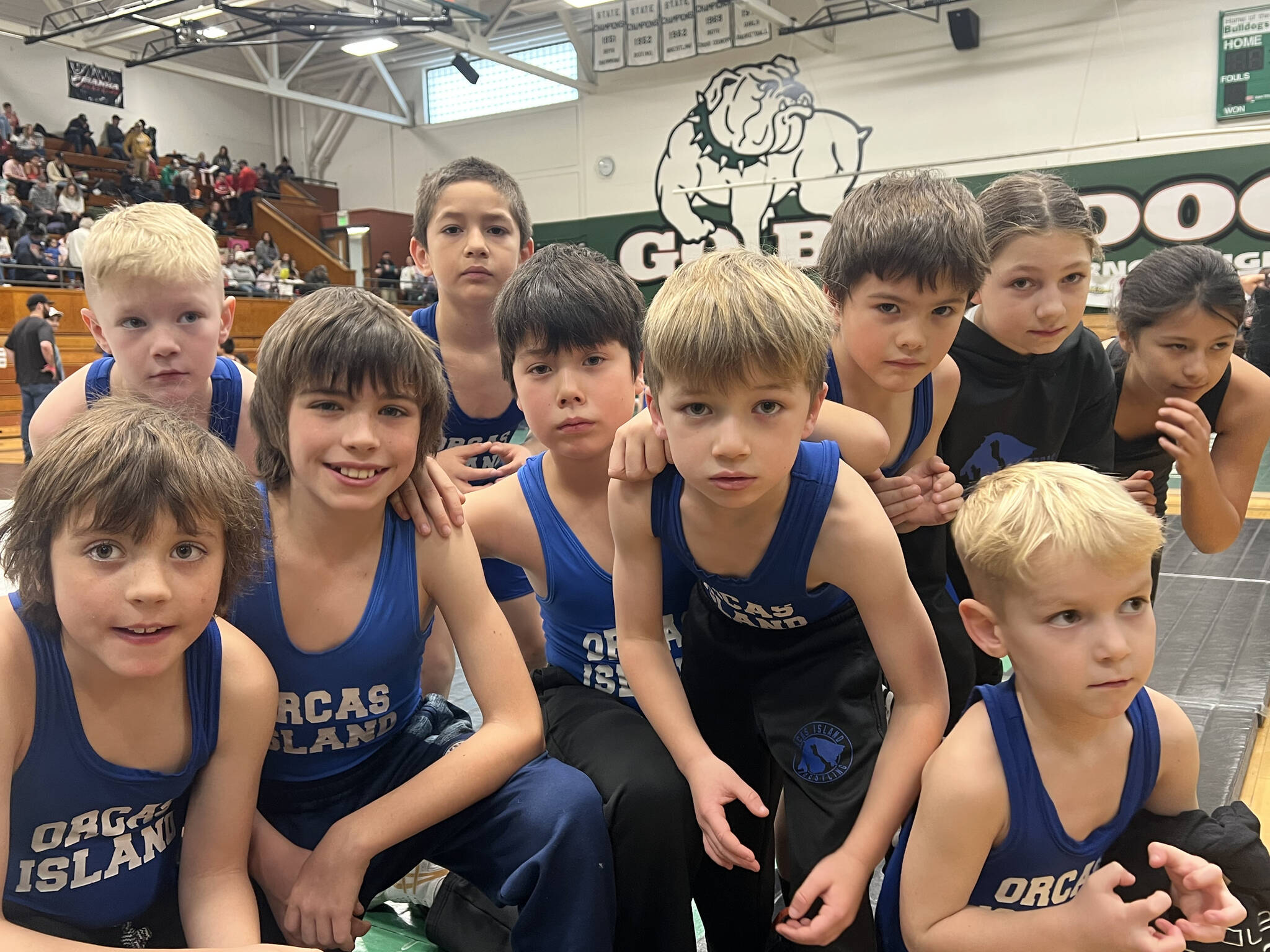 Orcas wrestlers at the WWKWL Mount Vernon Pitbull Classic on Dec. 15. Front row, left to right: Louie Averna, Geo Averna, Weston Wooding, Elliot Wooding and Brooks Hawley. Back row: Cru Hawley, David Nunez, Caden King, Aria Griffin and Alexis Armas.