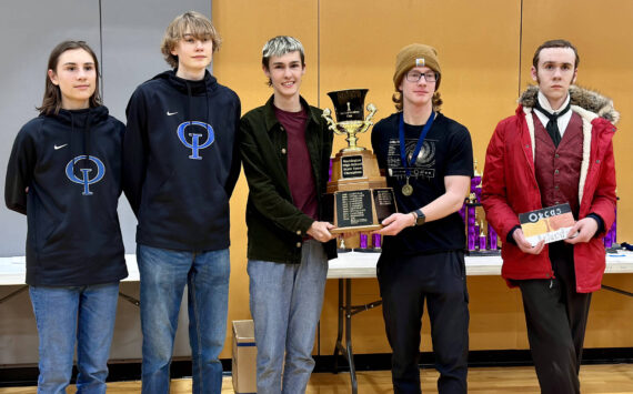 The winning Orcas Island chess team, left to right: Orion “Arrow” Johns, Max Dickey-Vollmer, Lamai Hons, Colter Bond and Thurmond Russel.